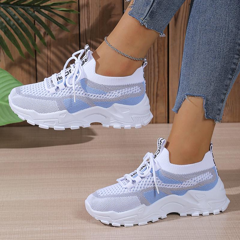 Tênis Tricotados Femininos da Moda Mistura de Cores Malha Respirável Plataforma Sapatos de Corrida Mulher Leve Antiderrapante Casual Sapatos Esportivos