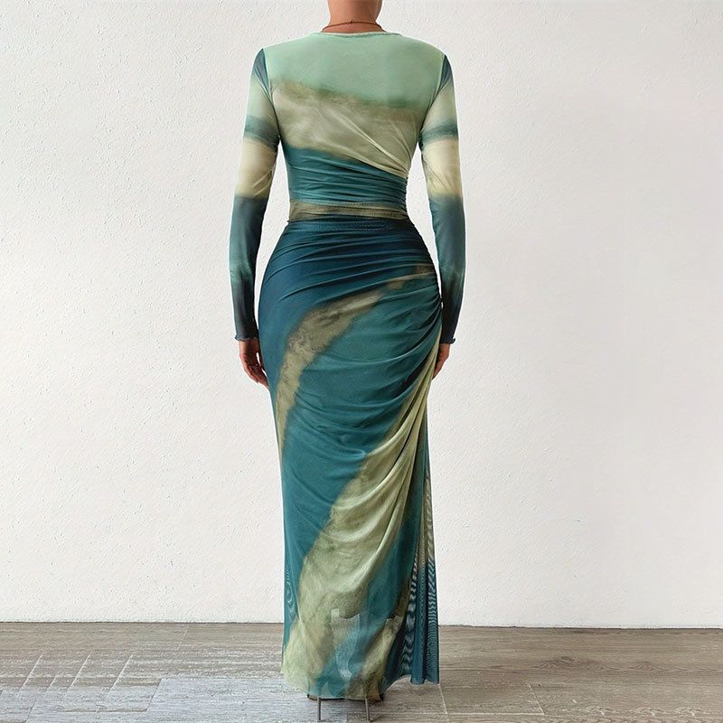Pleated Round Neck Dress Fancy Women's Tie-Dye Ruched Silm round-Neck Long-Sleeved Dress