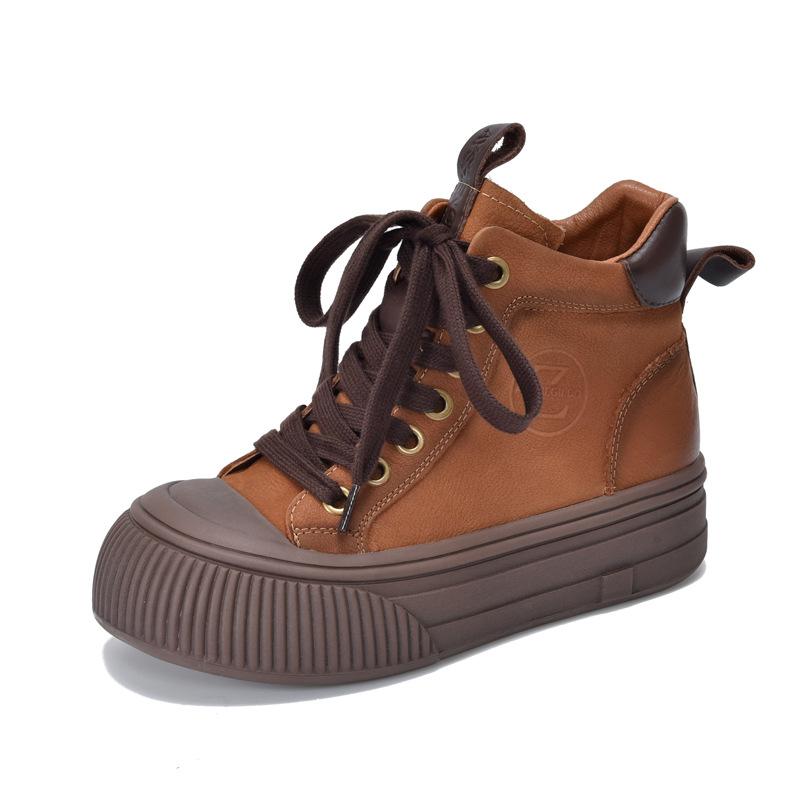 Johnature Versatile Plush Warm Short Boots Genuine Leather Round Toe Casual Women's Flat Platform Shoes