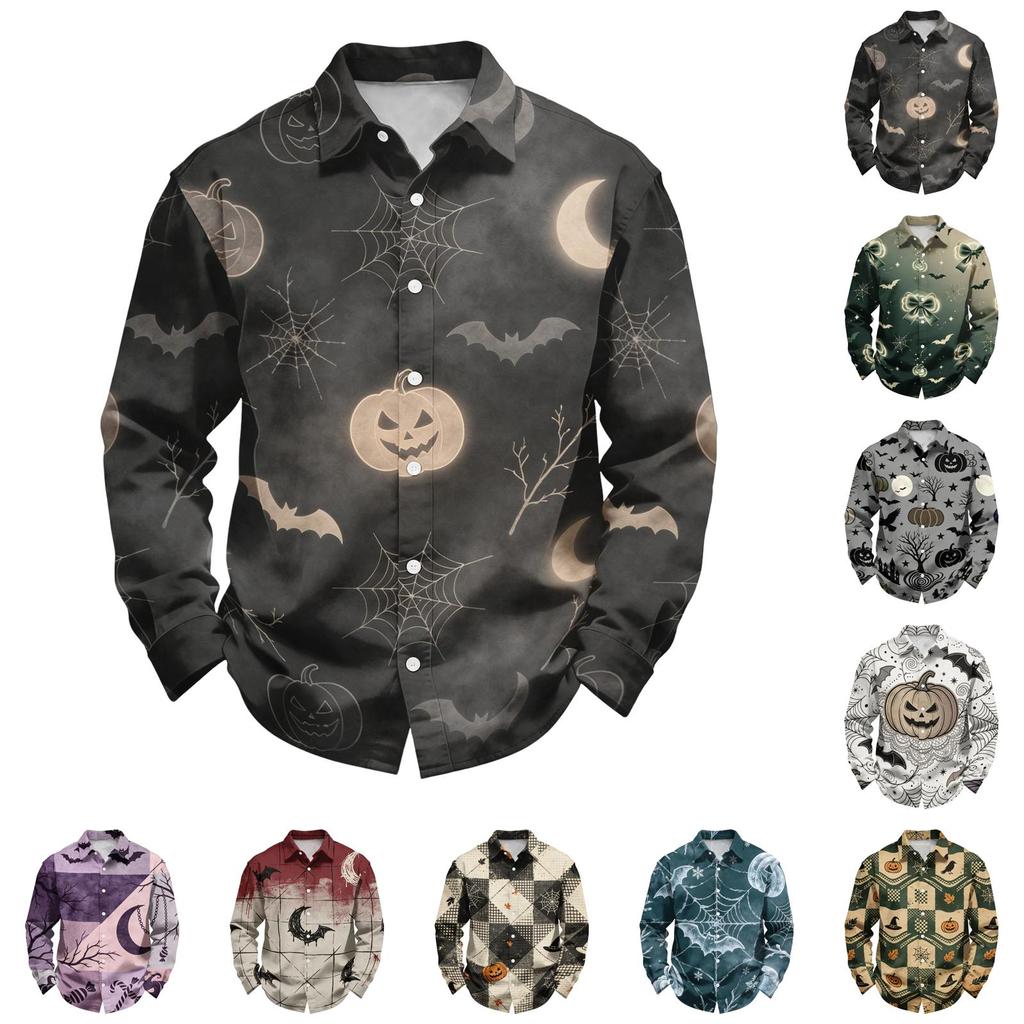 Men's Loose Fit Long Sleeve Shirt with Turn Down Collar Halloween Theme Vintage Casual Button Down Shirt for Spring Autumn Outdoor Daily Wear