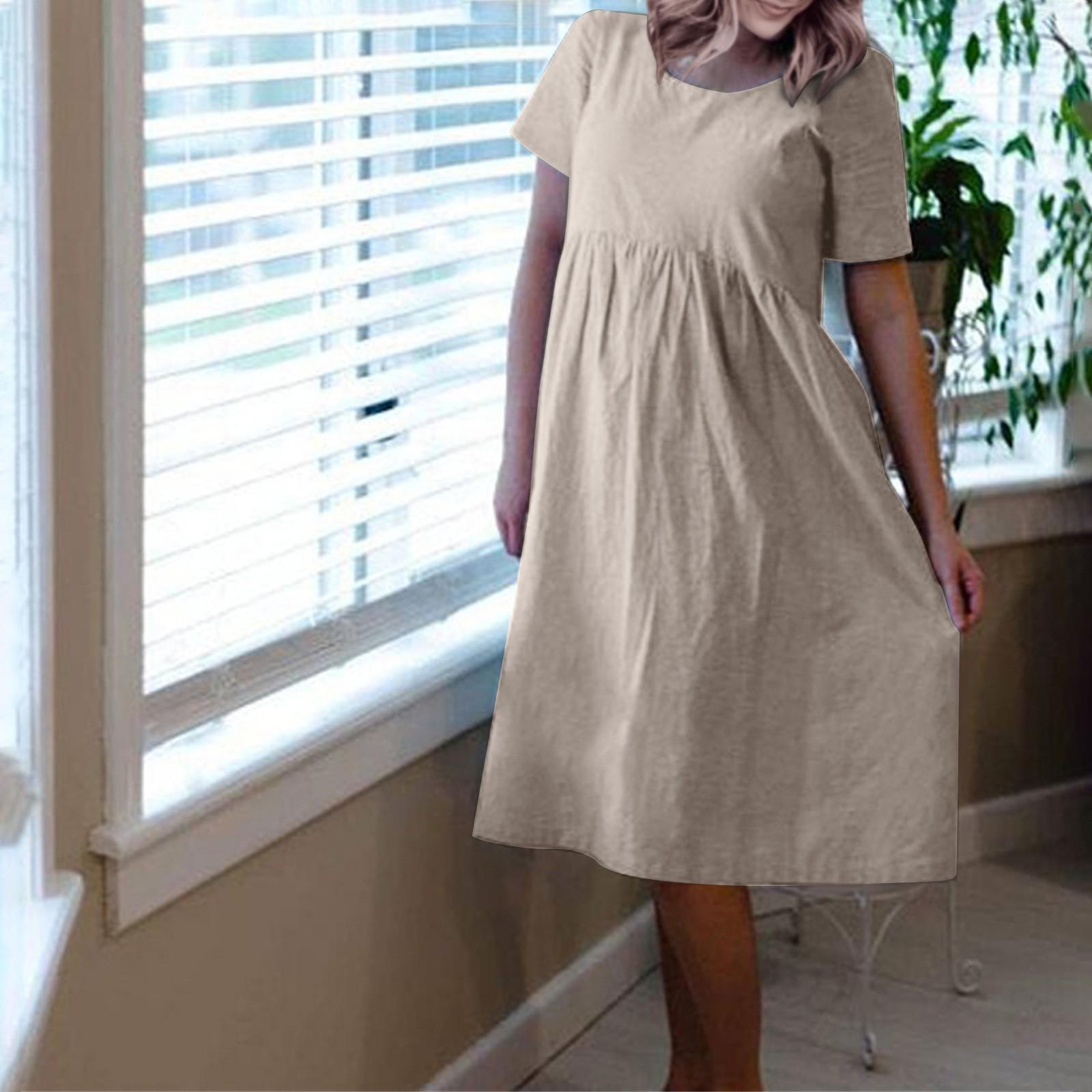 

Женское хлопково-льняное пуловер с короткими рукавами и круглым вырезом, платье большого размера XXL бежевый