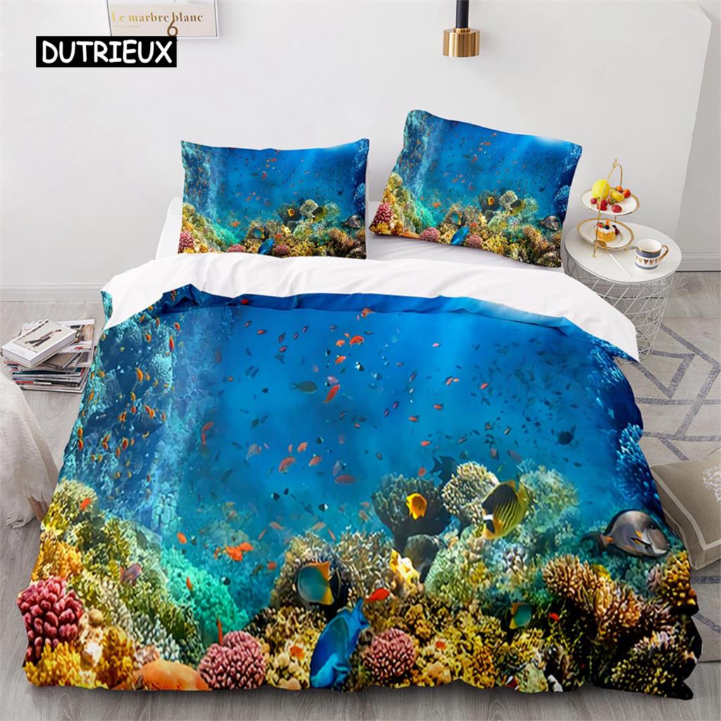 Duvet Cover Ocean Underwater World Bedding Sets with Goldfish Coral Reef Quilt Cover for Kids Teens Children Bedroom Decoration