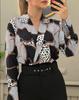 2023 Autumn V-neck Long Sleeve Printed Loose Pullover Blouse for Women