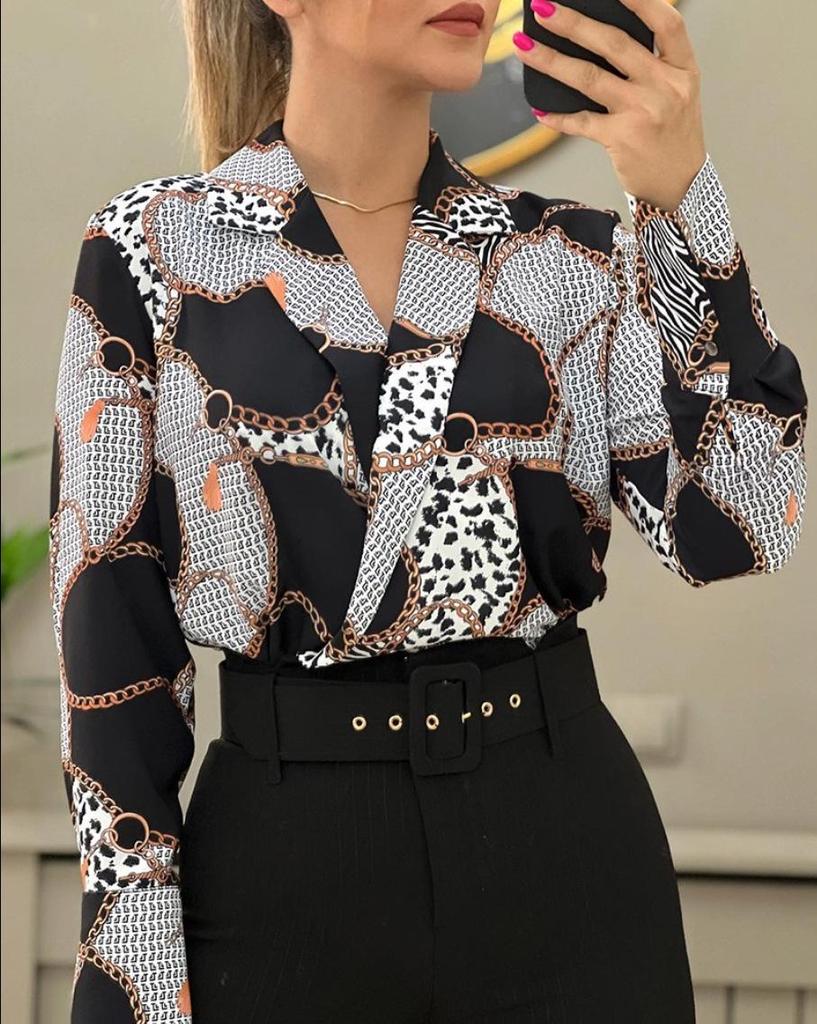 2023 Autumn V-neck Long Sleeve Printed Loose Pullover Blouse for Women