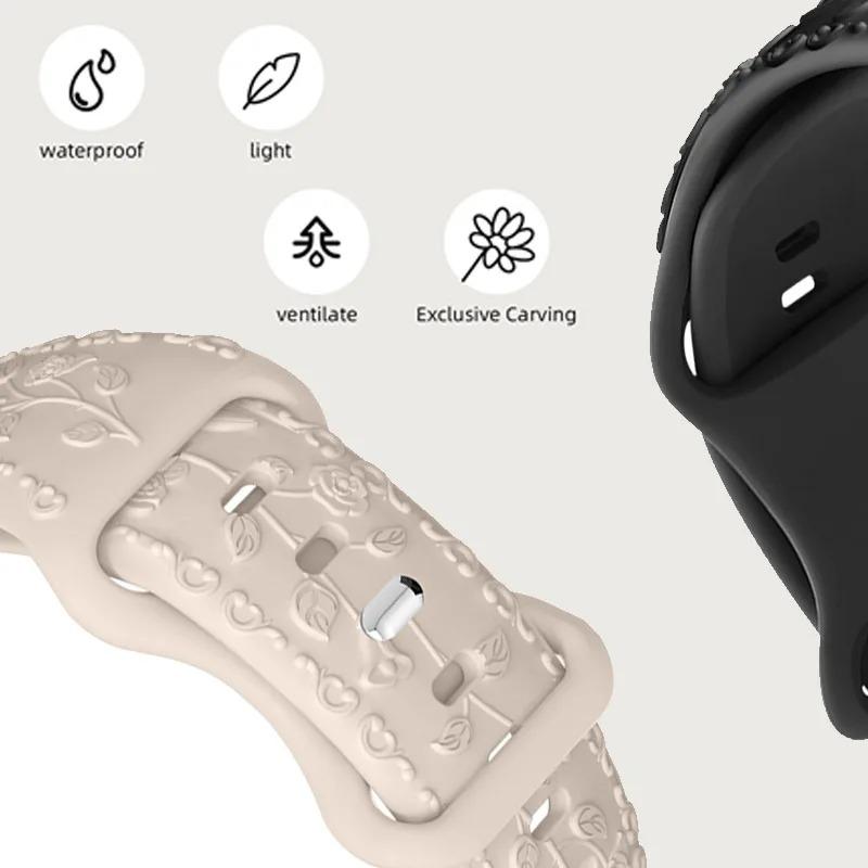 Silicone Strap For Apple Watch 10 Band 46mm 44mm 41mm 40mm 45mm 49mm Floral Engraved Bracelet Correa Series 8 9 7 SE 4 5 Ultra 2