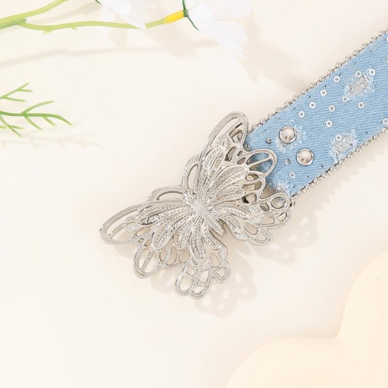 Punk PU Waist Belt for Jean Heavy Duty Hip Hop Belt Waistband Glinting Buckle with Encrusted Butterfly