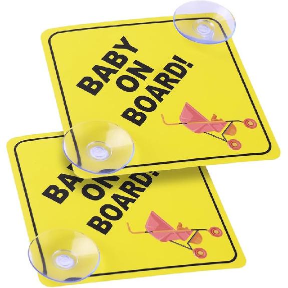 Cobee Baby On Board Car Warning Signs, 2 Pcs 5"X5" Safety Car Sign With Double Suction Cups, Baby In Car Sticker For Car Window Cling Reusable