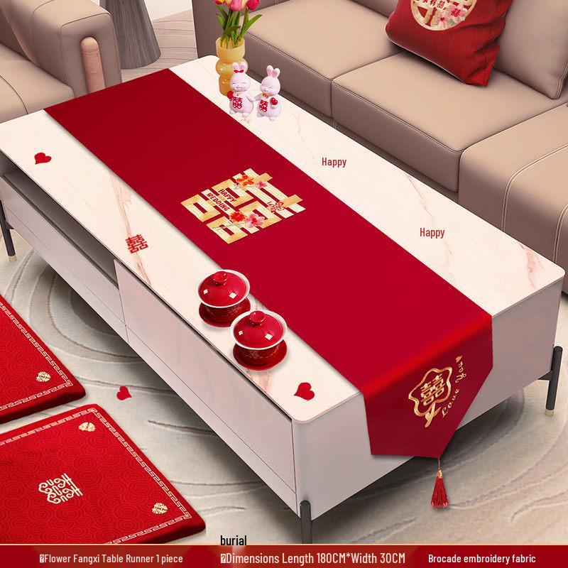 Red Wedding Table Runner & TV Cabinet Cover Set - Bridal Room Decoration & Dining Tablecloth