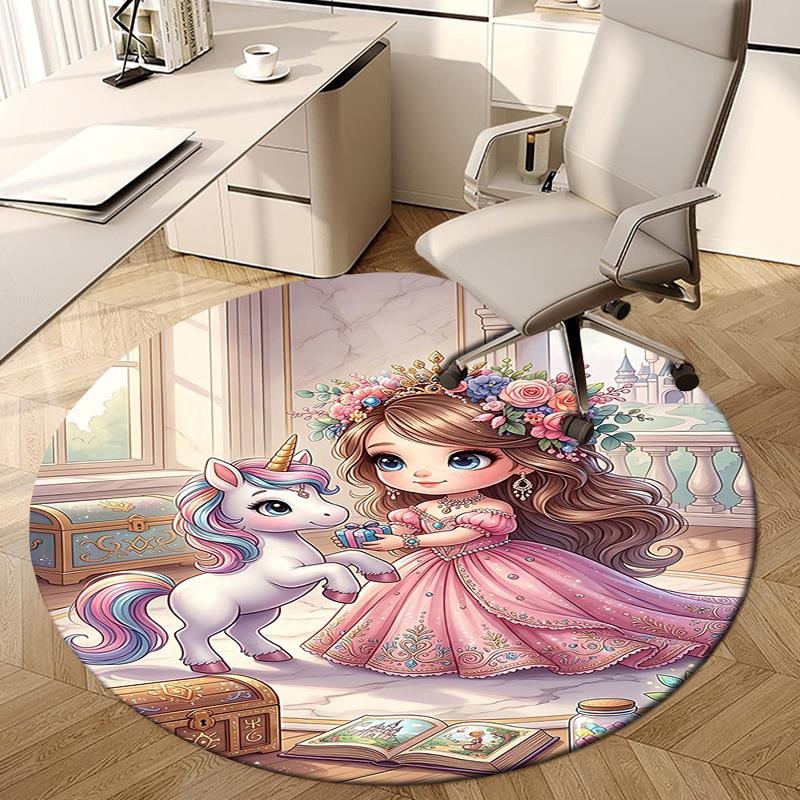 1PC Princess Unicorn Non-Slip Floor Round Carpet, Office, Family, Bedroom, Large Area Rug Indoor Rugs, Durable Polyester-L0414