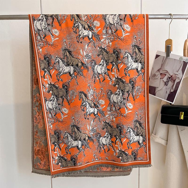 Autumn And Winter National Style Plants And Flowers Landscape Painting Elegant Women Warm Scarf Fashion Retro Shawl