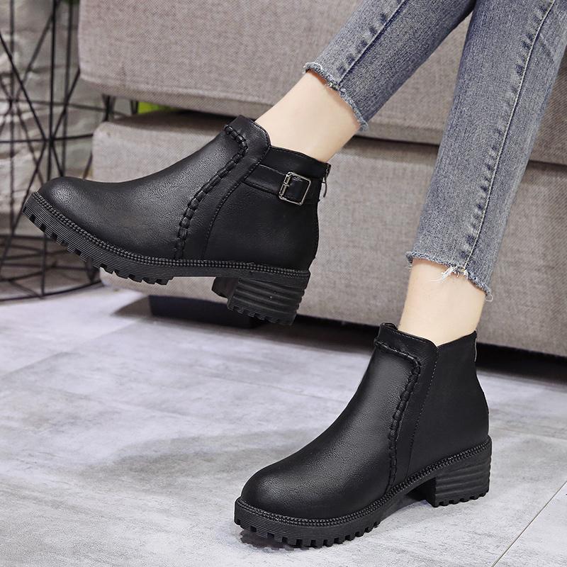 Fashion Fashion Women's Ankle Boot Zipper Low Chunky Heels Vintage Leather Shoes for Women Buckle Strap Round Toe Casual Short Boots 43