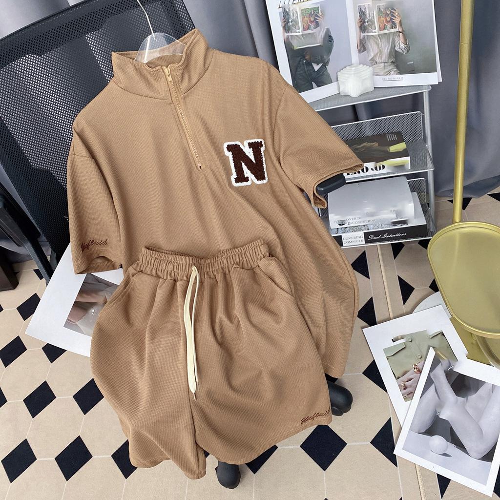 

Серый хаки синий спортивный костюм унисекс летний женский свободный короткий рукав футболка шорты спортивный костюм из двух частей повседневный спортивный костюм с буквенным принтом one size коричневый