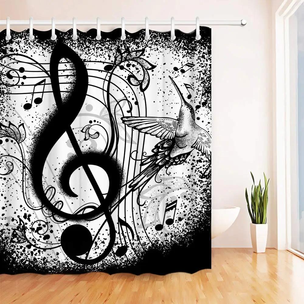 Music Shower Curtain,Black And White Music Notes Bathroom Shower Curtains Polyester Fabric Fashion Gray Bathroom Set With Hooks