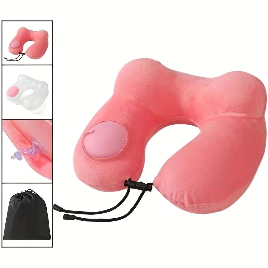 1 Press Type Inflatable Pillow U-Shaped Pillow, Foldable U-Shaped Double Hump Neck Pillow, Portable Outdoor Travel Pillow