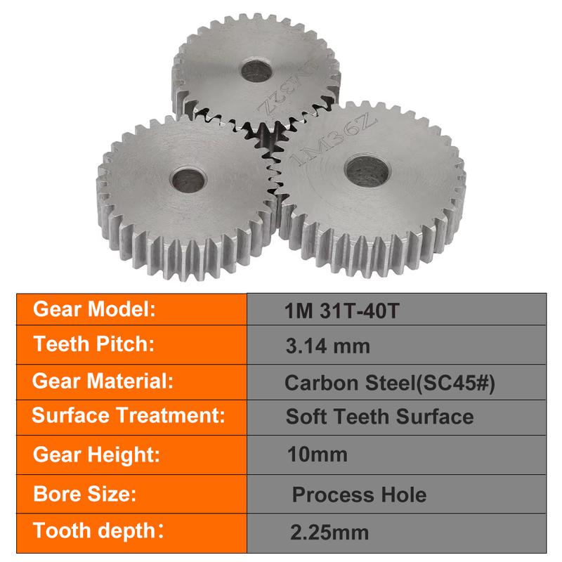 1 M Spur Gear Carbon Steel Material Cylindrical Gear Transmission Accessories 31T/32T/33T/34T/35T/36T/37T/38T/39T/40Teeth SC45#