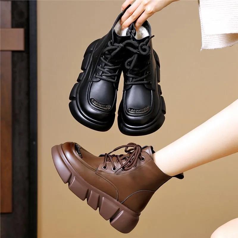 Women'S Winter New Brown Leather Plush Warm Ankle Snow Boots Platform Comfortable Anti Slip Lace Up Cold Proof Cotton Shoes