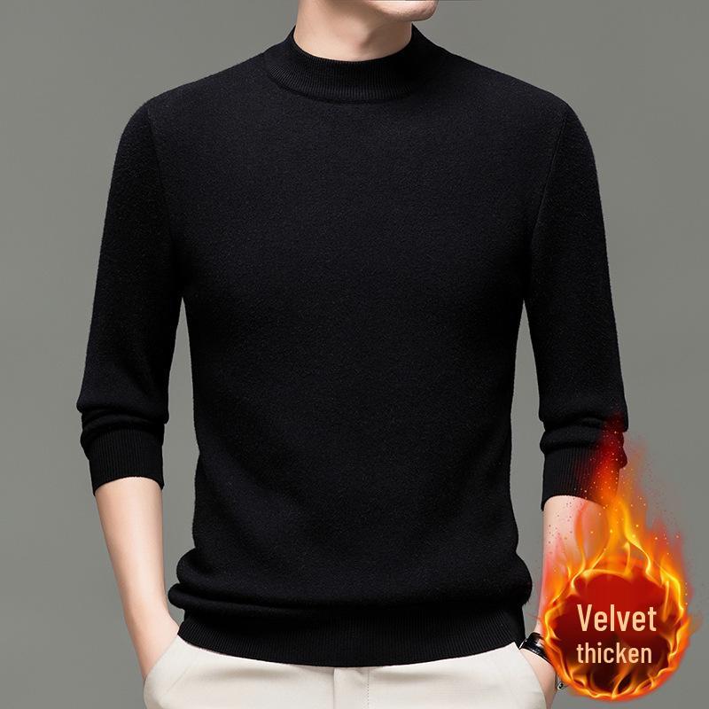 Men's Winter Velvet Fleece Knitwear: Half-High Collar Solid Base Layer Sweater