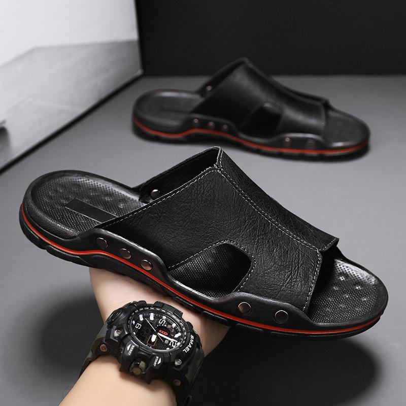 Utrikeshandel explosiva tofflor herr sommartrend halkfria och deodoranta herrars svala tofflor äkta läder ytterkläder enords tofflor