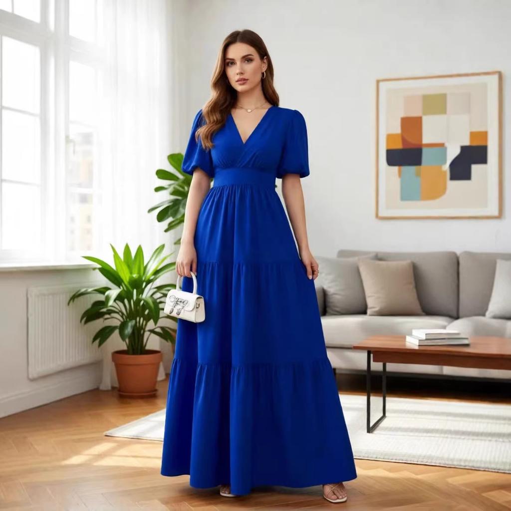 European and American Cross-border Foreign Trade New Women's Clothing Elegant Splicing Skirt Solid Color Short Sleeve High Waist Long Dress Dress 