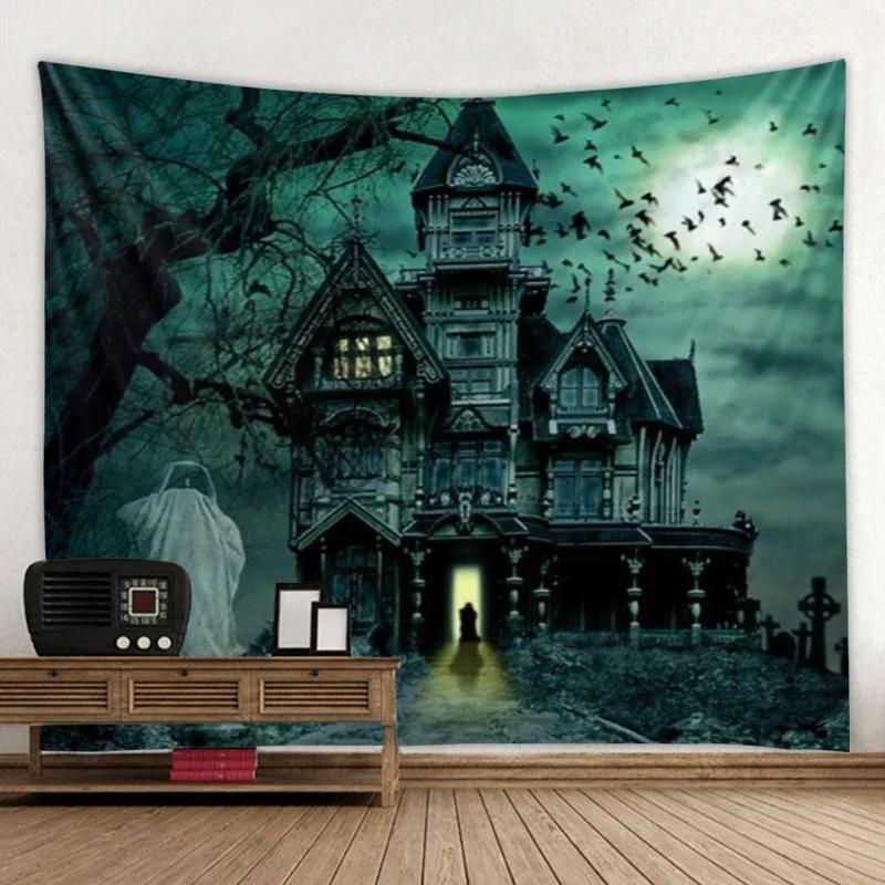 Ghost Horror Pumpkin Skull Bat Castle Halloween Tapestry Art Blanket Door Curtain Hanging Decoration Home Bedroom Living Room