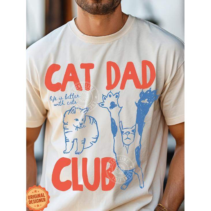 Men's Cat Dad T-Shirt Funny Pet Parent Gift - Comfort Colors Cat Dad Club Tee with Kitten & Paws Print, Casual Round Neck Shirt for Cat Lovers, New