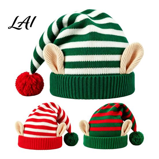Comfortable Elastic Hat Christmas Elf Knitted Hat Ears And Fluffy Fur Ball Decor Soft Funny Cosplay Headwear Acrylic Striped Cap for Winter Festive