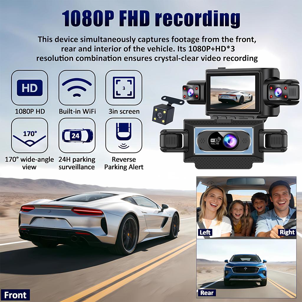 4-Channel 360° Dash Cam for Cars – WiFi APP, 1080P, 4 Camera Lenses, Rear View, Video DVR