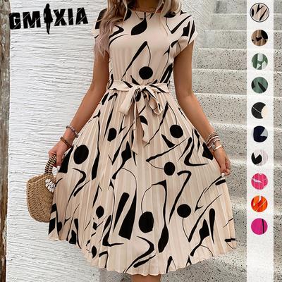 Women's Fashion Summer Spring Geometric Pattern Print Short Sleeve O-Neck High Waist Casual Dresses