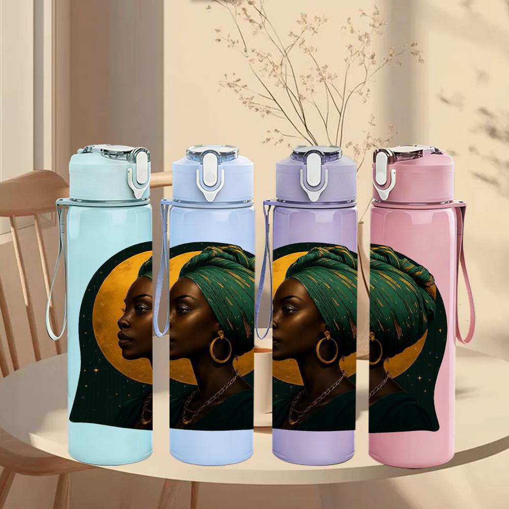1PC African Lady Portrait Bust 750ml Color Plastic Sports Water Bottle Leakproof Flip Straw Lid For Sports Office Home Use