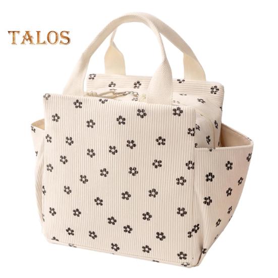 Corduroy Lunch Bag with Handle Waterproof Large Capacity Reusable Insulated Lunch Box Water Bottle Holder with Side Pockets