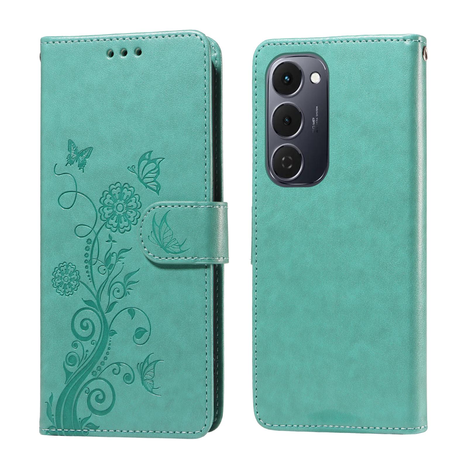 

Для TECNO Spark 40 Pro+ 4G Кожаный чехол Бабочка Цветочный оттиск Кошелек Подставка Чехол Green