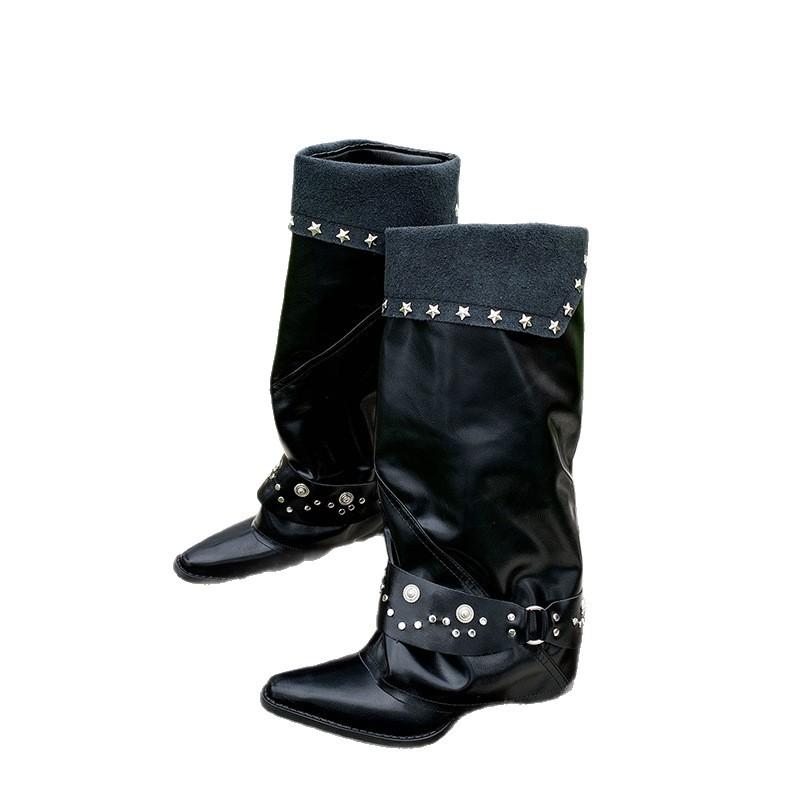 Large Size Pointed Retro Riveted Trouser Tube Boots Autumn Thick Heel Metal Buckle Niche Design Sense Stacking Boots