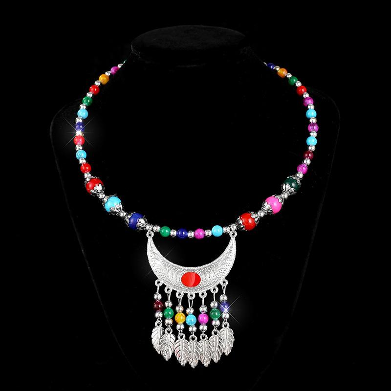 Ethnic Style Collar Necklace Ethnic Style Headdress Hair Accessories Crescent Leaf Tassel Seedling Silver Necklace Bridal Accessories