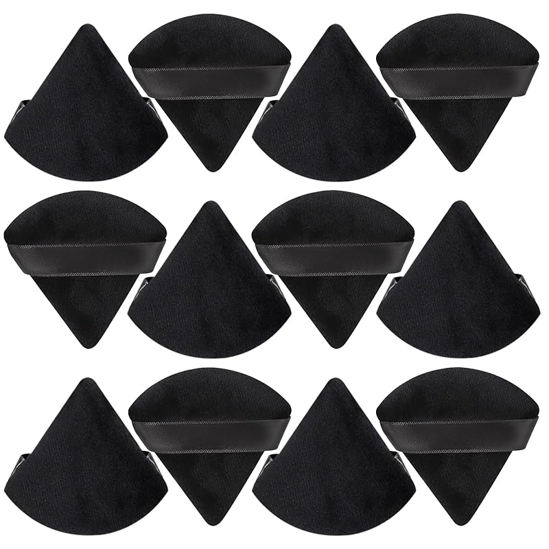 12pcs Triangle Powder Puff, Reusable Face Makeup Puffs with Strap, Wet Dry Dual-Use Powder Puff for Women Face Body Beauty Makeup Tool (Black)