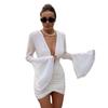 Autumn Sexy Deep V-neck Large Flared Sleeve Pleated Dress for Women