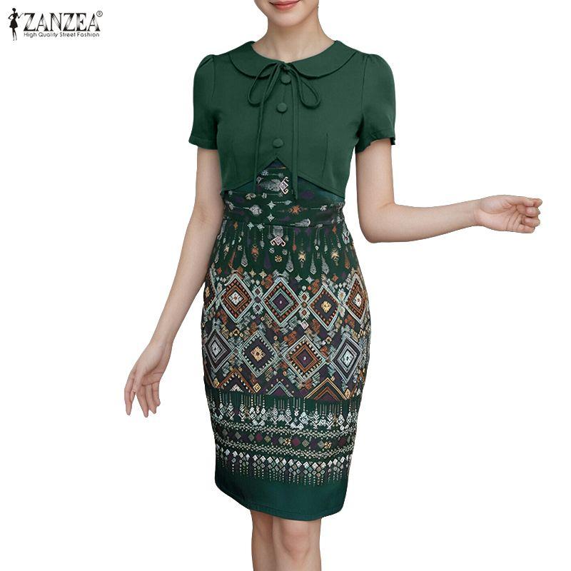ZANZEA Women Ethnic Print Casual Doll Collar Summer Short Sleeve Dress