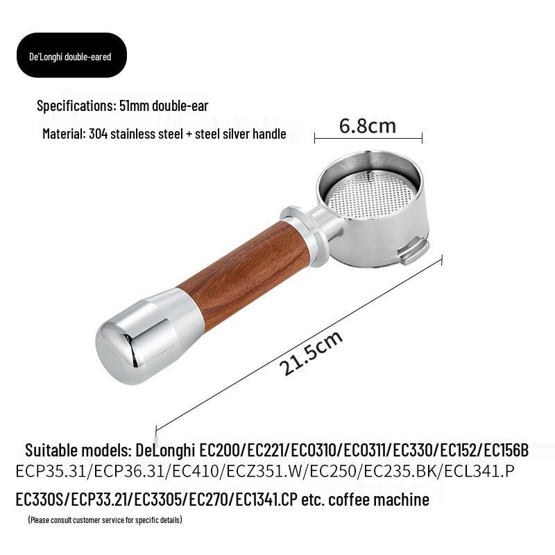 

Съемная ручка кофемашины из массива дерева и бездонная воронка из нержавеющей стали.