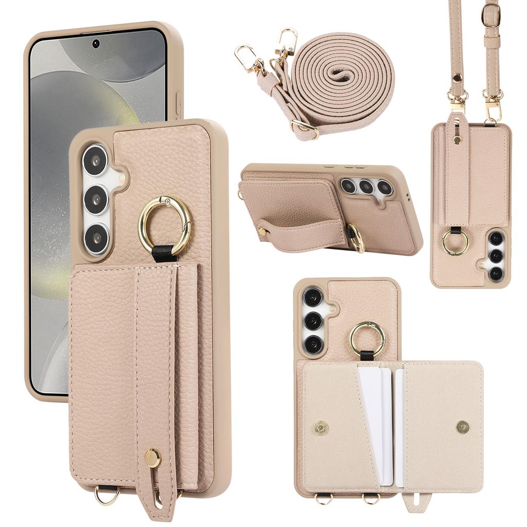 Wristband Ring Holder Magnetic Cards Solt Leather Wallet Case For Samsung S25 Ultra S24 Plus S23 S22 long Lanyard kickstandCover