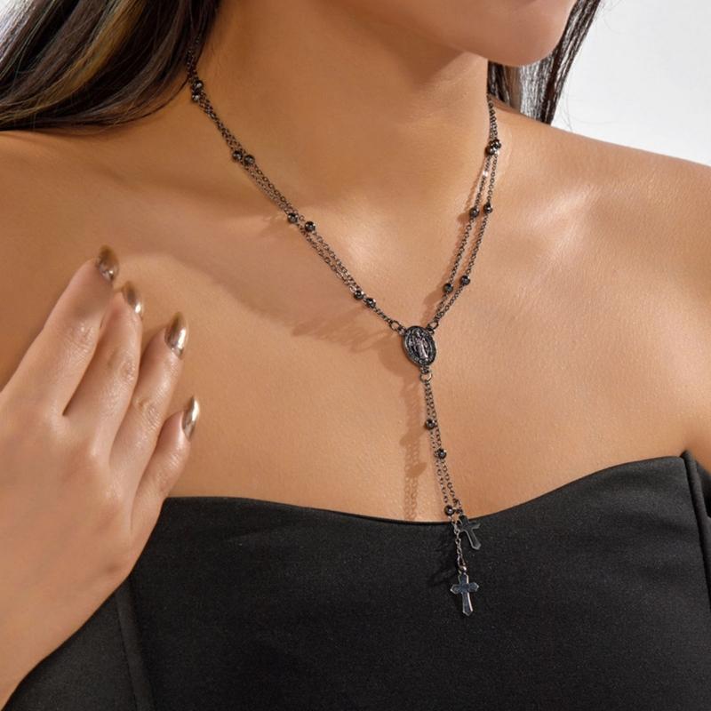 Heilige Mutter Kruzifix Anhänger An Y-förmiger Doppellagiger Kettenhalskette Legierung Schmuck Für Stilvolles Und Bedeutsames Tragen