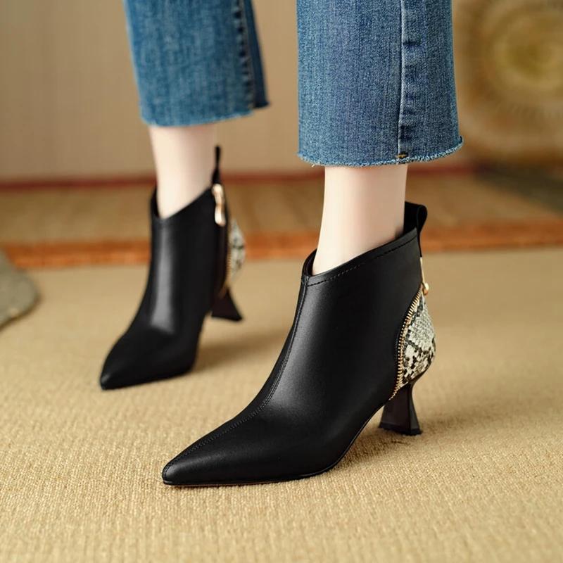 Fashion NEW Autumn Women Boots Pointed Toe Kitten Heel Shoes Split Leather Shoes for Women Mixed Colors Ankle Boots Elegent Zipper Boots