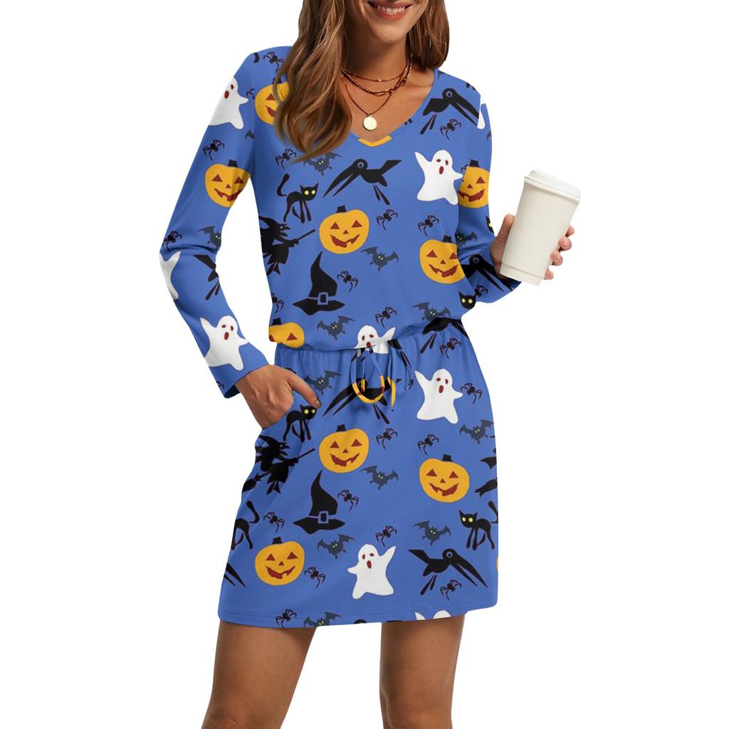 Women's Fashion V-Neck Long Sleeve Drawstring With Pocket Halloween Printed Casual Dresses