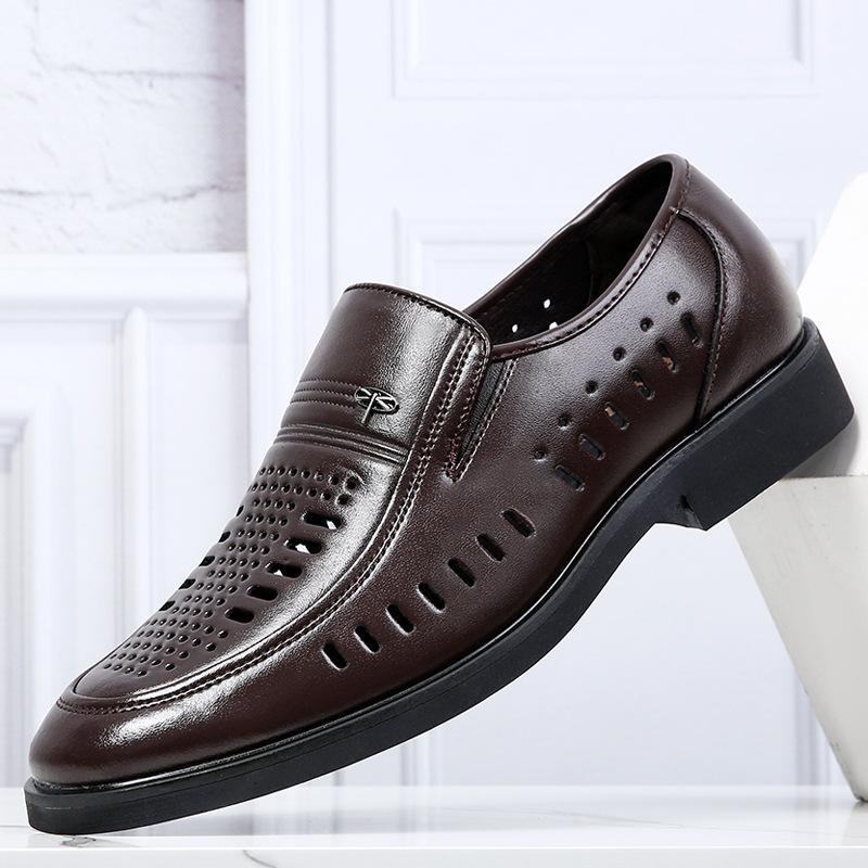 Leather Sandals Men'S Genuine Leather Men'S Business Dress Hollow Brown Deodorant Cowhide Hole Middle-Aged And Elderly Father Shoes