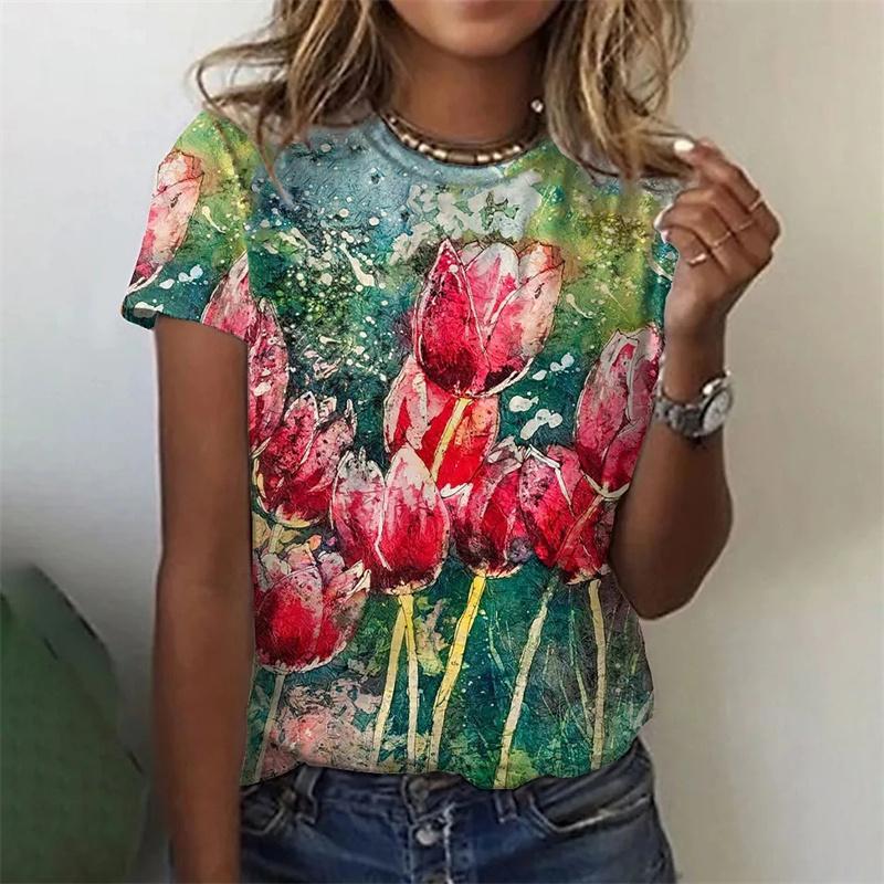 T-Shirt mit Blumenmuster für Damen, Blumen 3D-Druck T-Shirts, Sommer Casual Rundhals Tops, Kurzarm, Oversized Tees