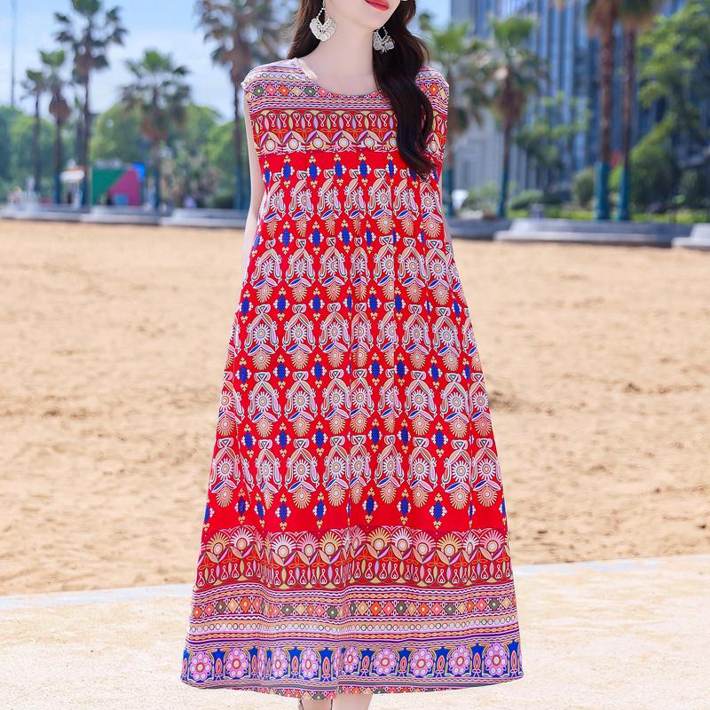 Casual Beach Dresses for Woman Plus Size Loose Vintage Print Long Sleeveless Dress Summer Women's Clothing