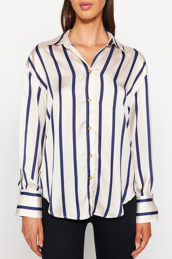 Women's Fashion New Shirt Ecru Striped Satin Woven Shirt