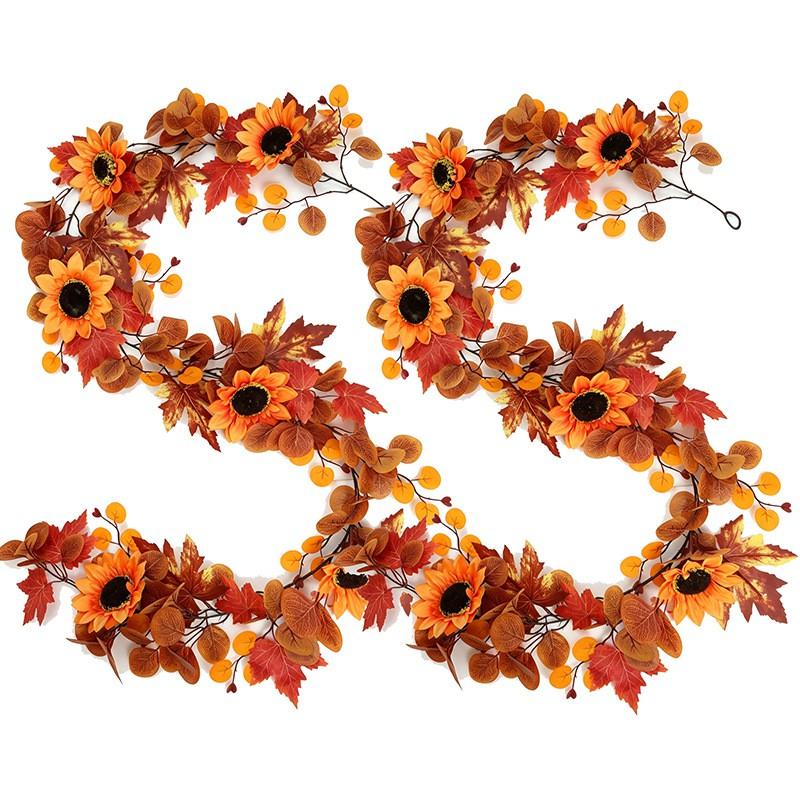 Harvest Wreath With Artificial Maple Leaves Pumpkins Sunflowers On Vine Base Thanksgiving Fall Decor