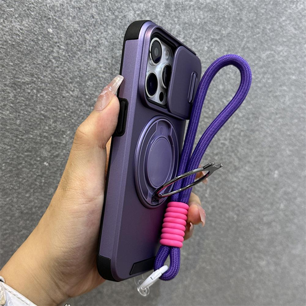 Armor Ring Stand Holder Slide Window Magnetic with Wrist Strap Phone Case for iPhone 16 15 Pro Max 13 12 11 14 Plus Bumper Cover