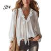 Skin-friendly Fabric Tops Women Chiffon Tops, Ruffle Splicing Collar V-Neck Blouse, Pure Color Loose Fit Summer Breathable Shirt Shirt, Lantern