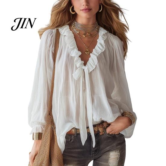 Skin-friendly Fabric Tops Women Chiffon Tops, Ruffle Splicing Collar V-Neck Blouse, Pure Color Loose Fit Summer Breathable Shirt Shirt, Lantern