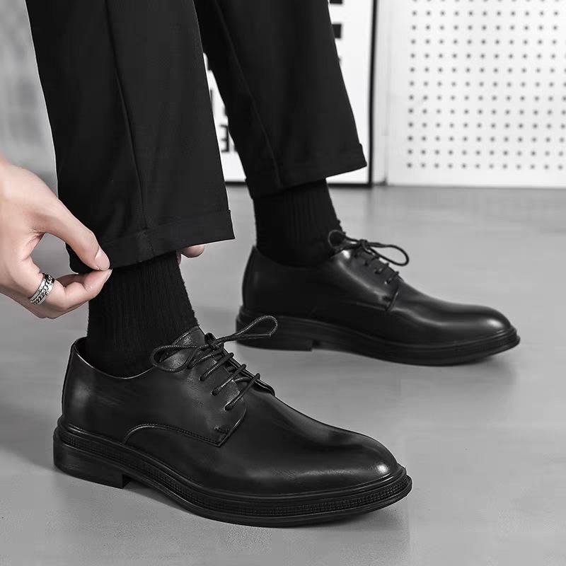 Men's leather shoes men's autumn and winter business dress soft leather soft sole pointed wedding groom lace-up suit shoes high-end